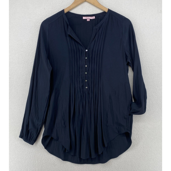 Calypso St. Barth Tops - CALYPSO ST BARTH Top XS Satin Tunic Blouse Pintuck Popover Long Sleeve Blue